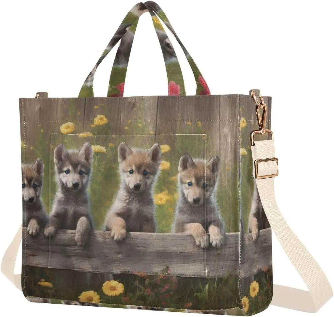Corduroy Women Tote Bag Cub Wolf Fence Print, Handbag Purses with Detachable Strap Small Size