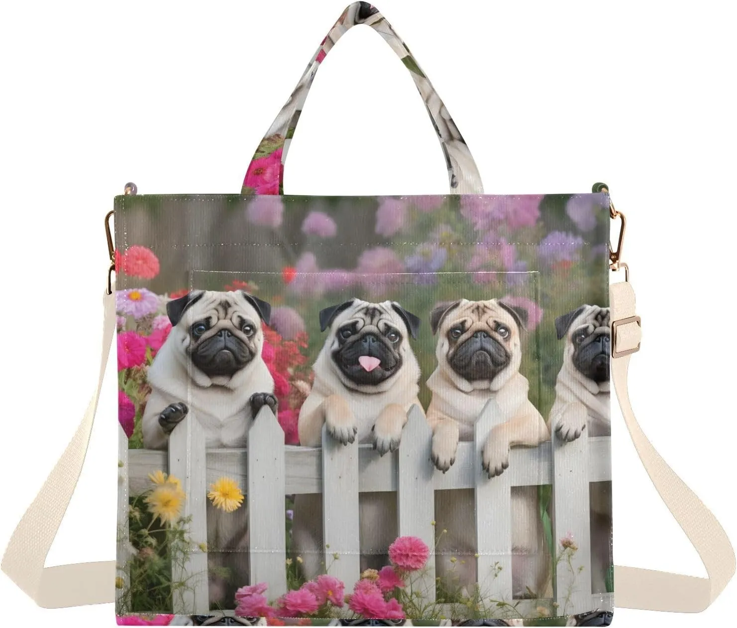 Corduroy Women Tote Bag Pugs Fence Print, Handbag Purses with Detachable Strap Small Size
