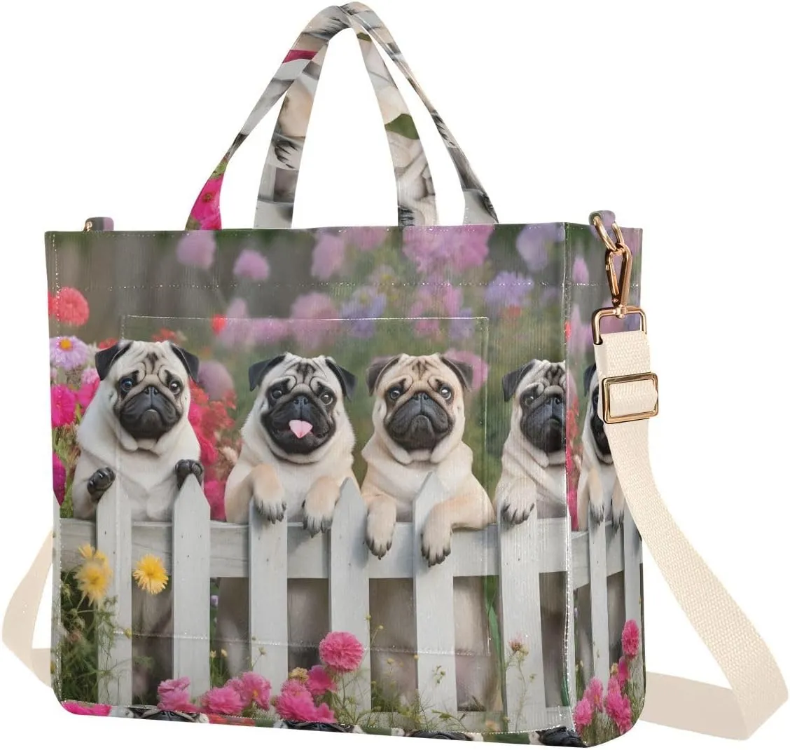 Corduroy Women Tote Bag Pugs Fence Print, Handbag Purses with Detachable Strap Small Size