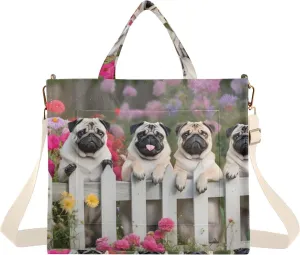 Corduroy Women Tote Bag Pugs Fence Print, Handbag Purses with Detachable Strap Small Size