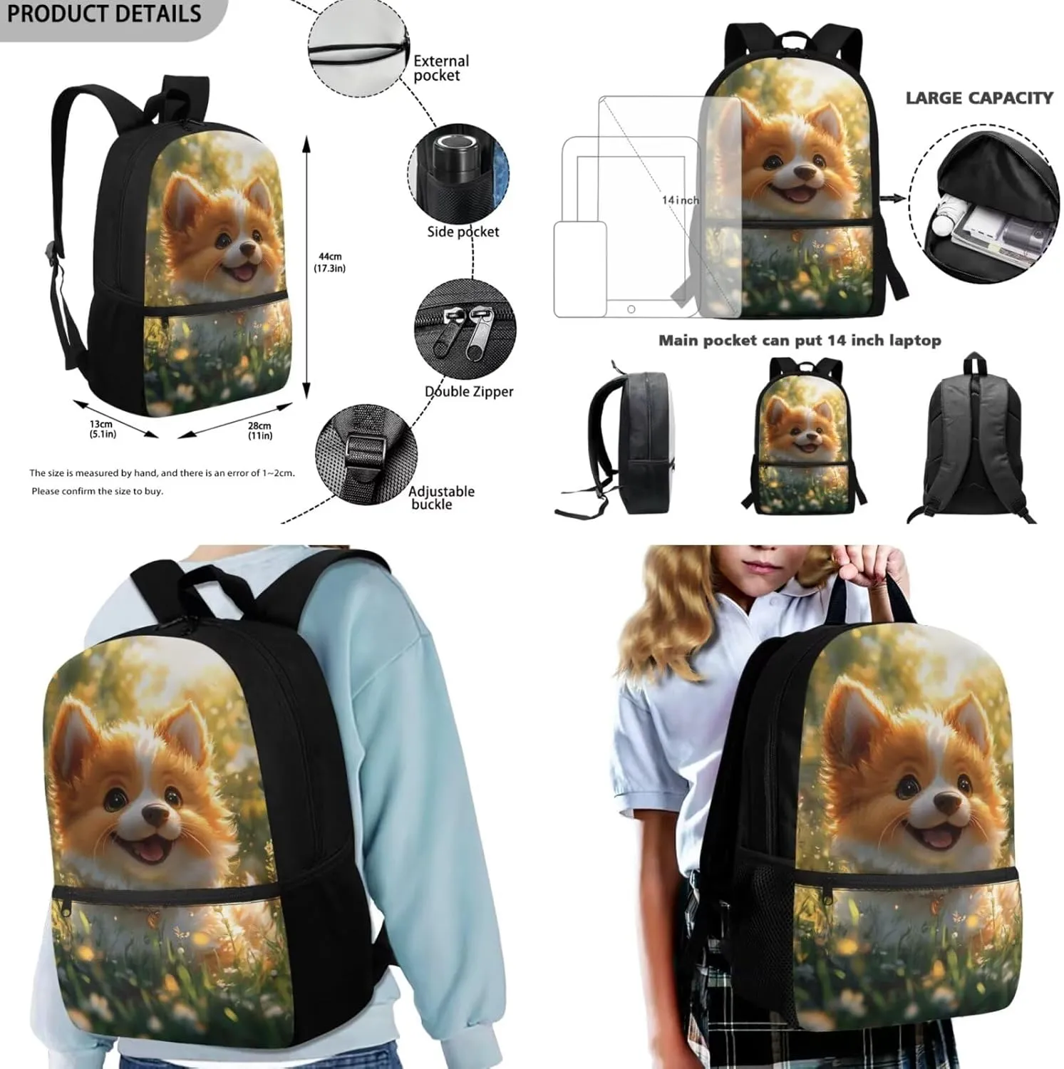 Corgi Backpack and Lunch Box Lightweight Cute School Bag for Girls 3rd Grade Kawaii Bookbag Elementary School 17 Inch Backpack Set of 4 Mochilas Para Niñas