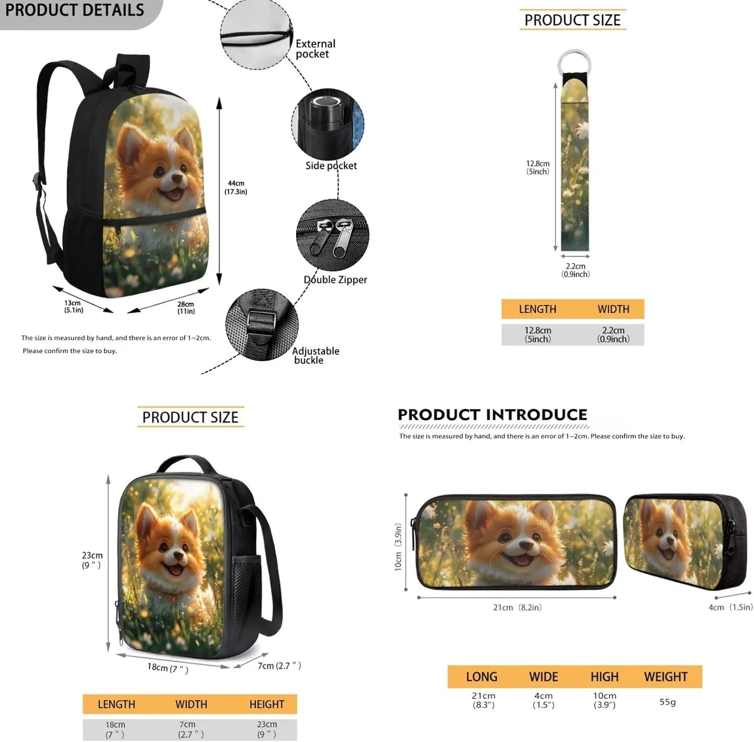 Corgi Backpack and Lunch Box Lightweight Cute School Bag for Girls 3rd Grade Kawaii Bookbag Elementary School 17 Inch Backpack Set of 4 Mochilas Para Niñas