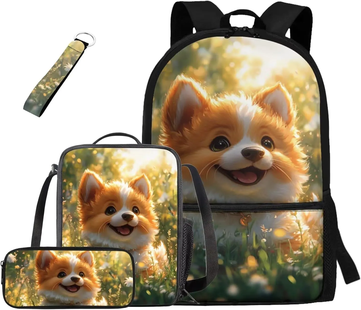 Corgi Backpack and Lunch Box Lightweight Cute School Bag for Girls 3rd Grade Kawaii Bookbag Elementary School 17 Inch Backpack Set of 4 Mochilas Para Niñas