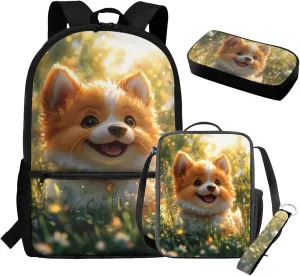 Corgi Backpack and Lunch Box Lightweight Cute School Bag for Girls 3rd Grade Kawaii Bookbag Elementary School 17 Inch Backpack Set of 4 Mochilas Para Niñas