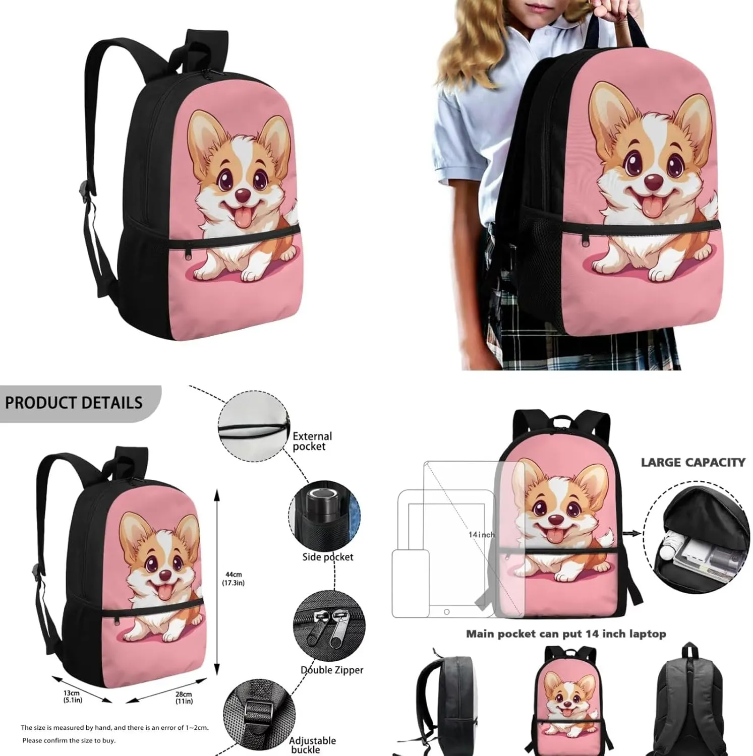 Corgi Backpack for School Girls 5th Grade 4 Pcs Set Kids Bookbags with Lunch Box Pencil Case and Water Bottle Sleeve Cute School Backpacks for Elementary Girls Book Bag