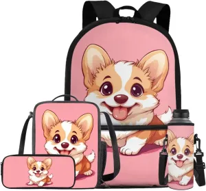 Corgi Backpack for School Girls 5th Grade 4 Pcs Set Kids Bookbags with Lunch Box Pencil Case and Water Bottle Sleeve Cute School Backpacks for Elementary Girls Book Bag
