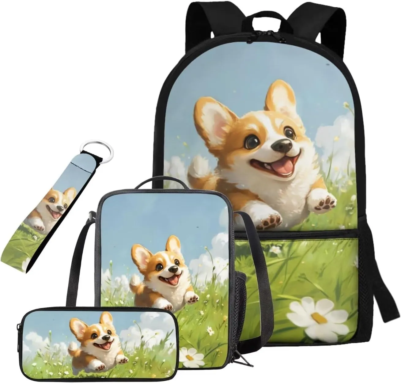 Corgi Backpack with Lunchbox Lovely School Bags for Girls 10-12 Years Old Lightweight Elementary Kindergarten Bookbag for Girls Cute 4 Piece Backpack Set 3rd Grade