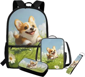 Corgi Backpack with Lunchbox Lovely School Bags for Girls 10-12 Years Old Lightweight Elementary Kindergarten Bookbag for Girls Cute 4 Piece Backpack Set 3rd Grade