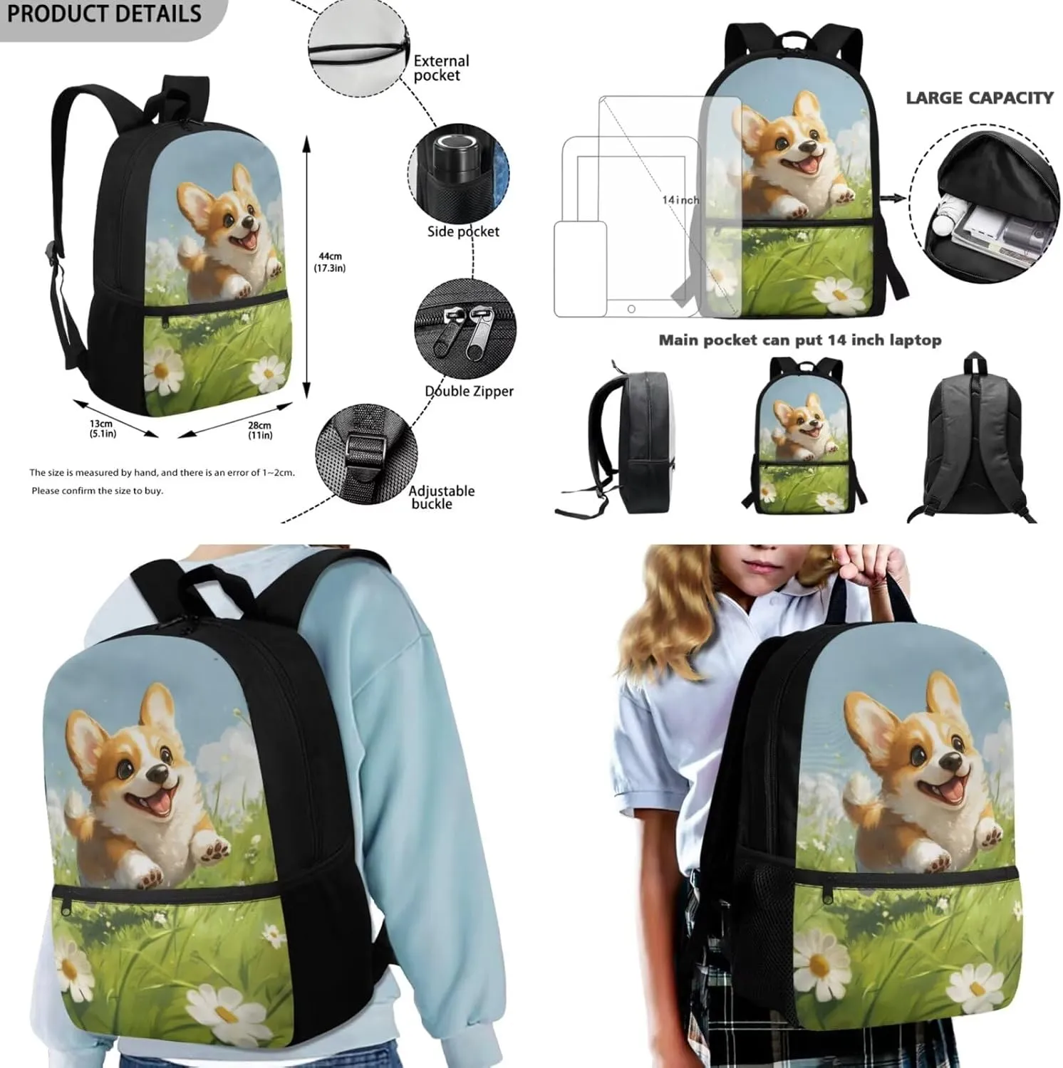 Corgi Backpack with Lunchbox Lovely School Bags for Girls 10-12 Years Old Lightweight Elementary Kindergarten Bookbag for Girls Cute 4 Piece Backpack Set 3rd Grade