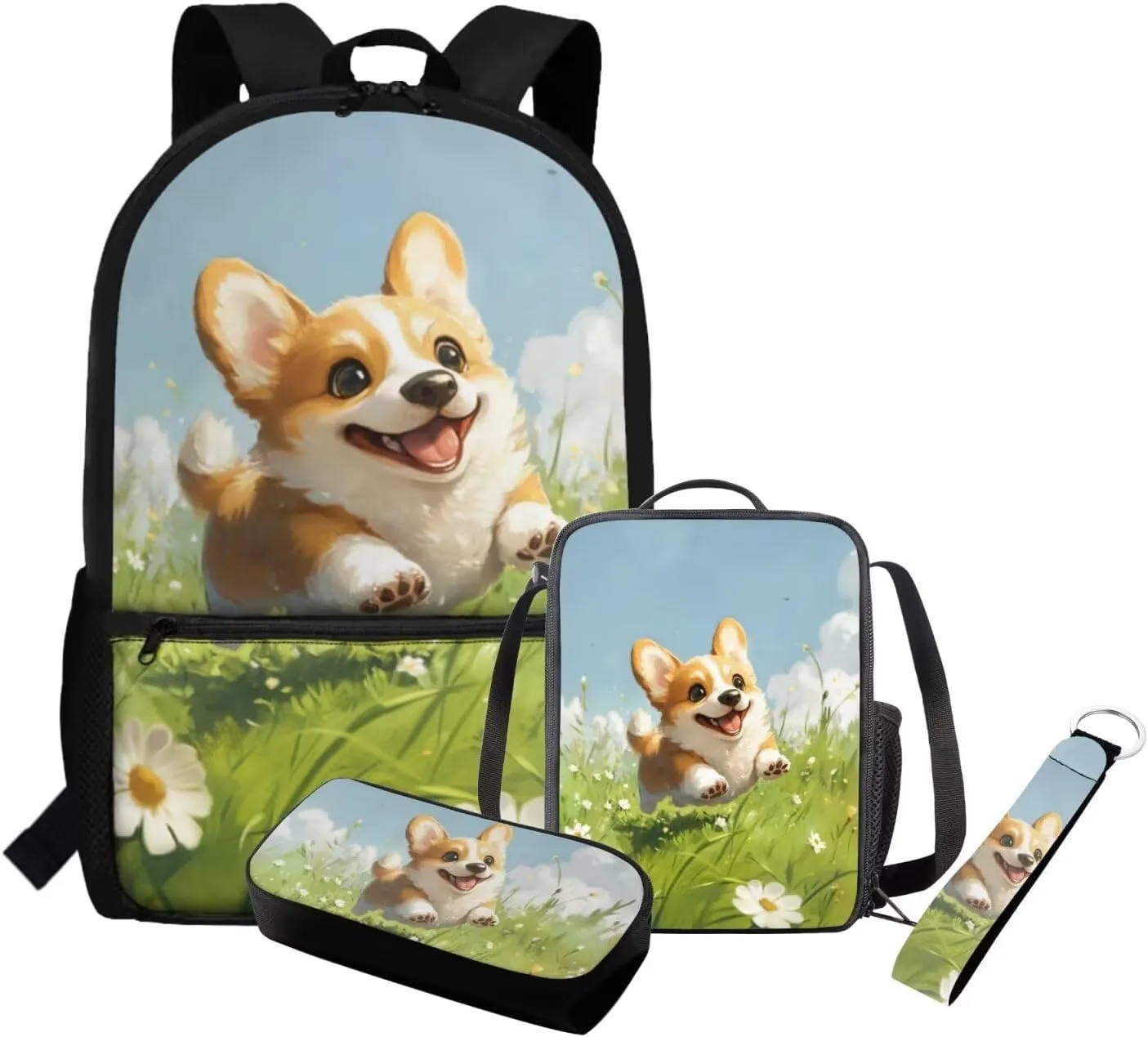 Corgi Backpack with Lunchbox Lovely School Bags for Girls 10-12 Years Old Lightweight Elementary Kindergarten Bookbag for Girls Cute 4 Piece Backpack Set 3rd Grade