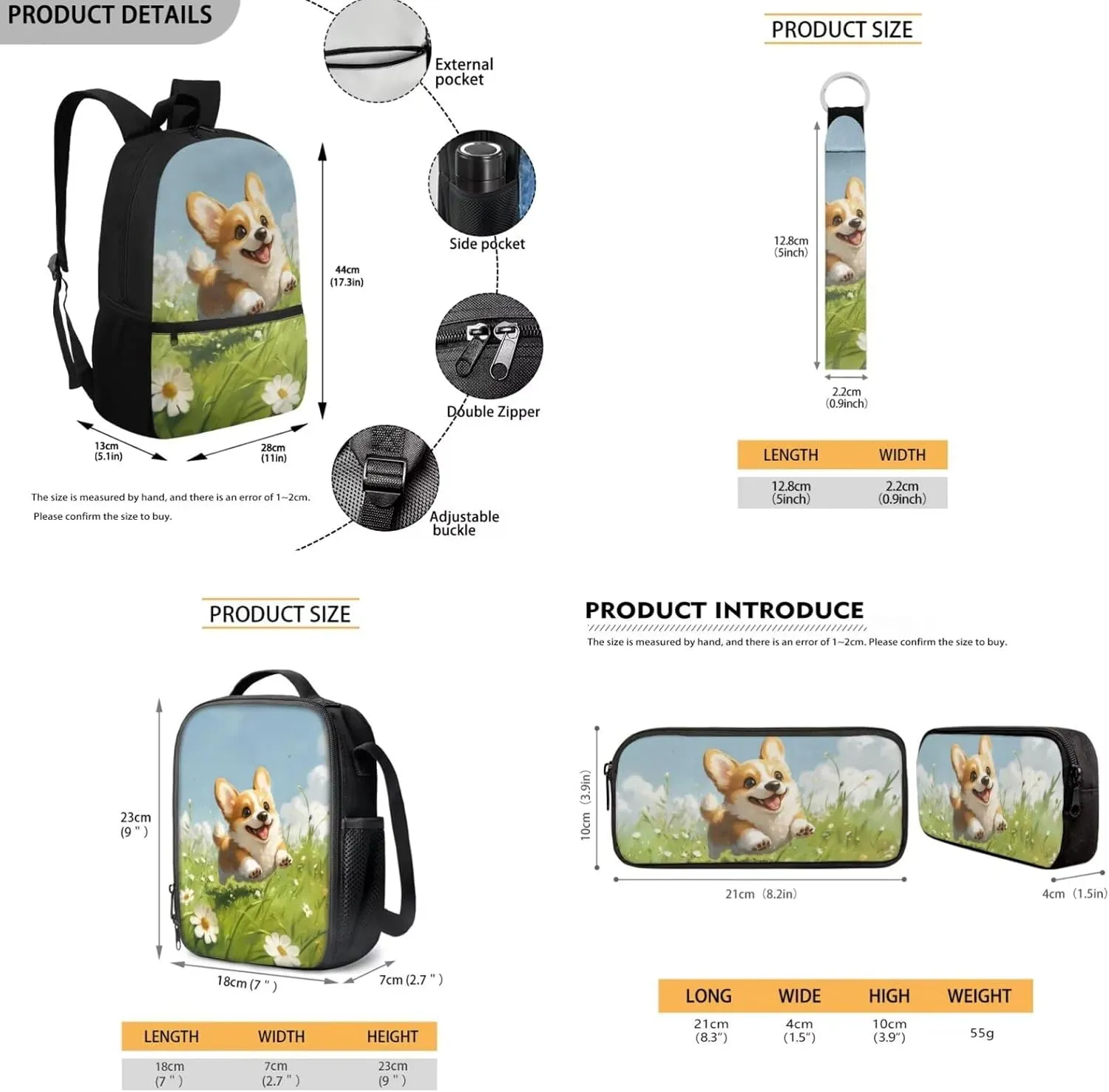 Corgi Backpack with Lunchbox Lovely School Bags for Girls 10-12 Years Old Lightweight Elementary Kindergarten Bookbag for Girls Cute 4 Piece Backpack Set 3rd Grade