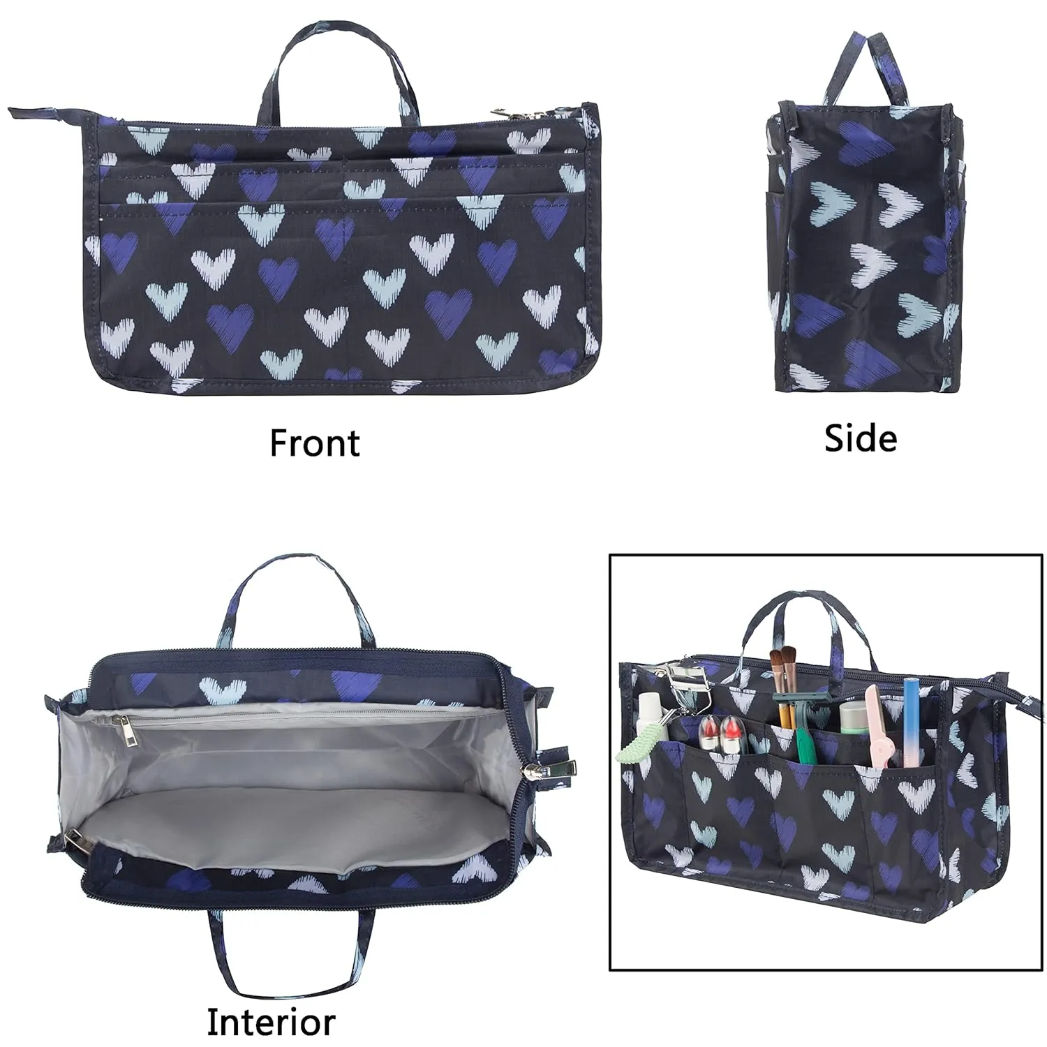 Cosmetic Bag for Women Cute Printing 14 Pockets Expandable Makeup Organizer Purse with Handles (Large Heart)