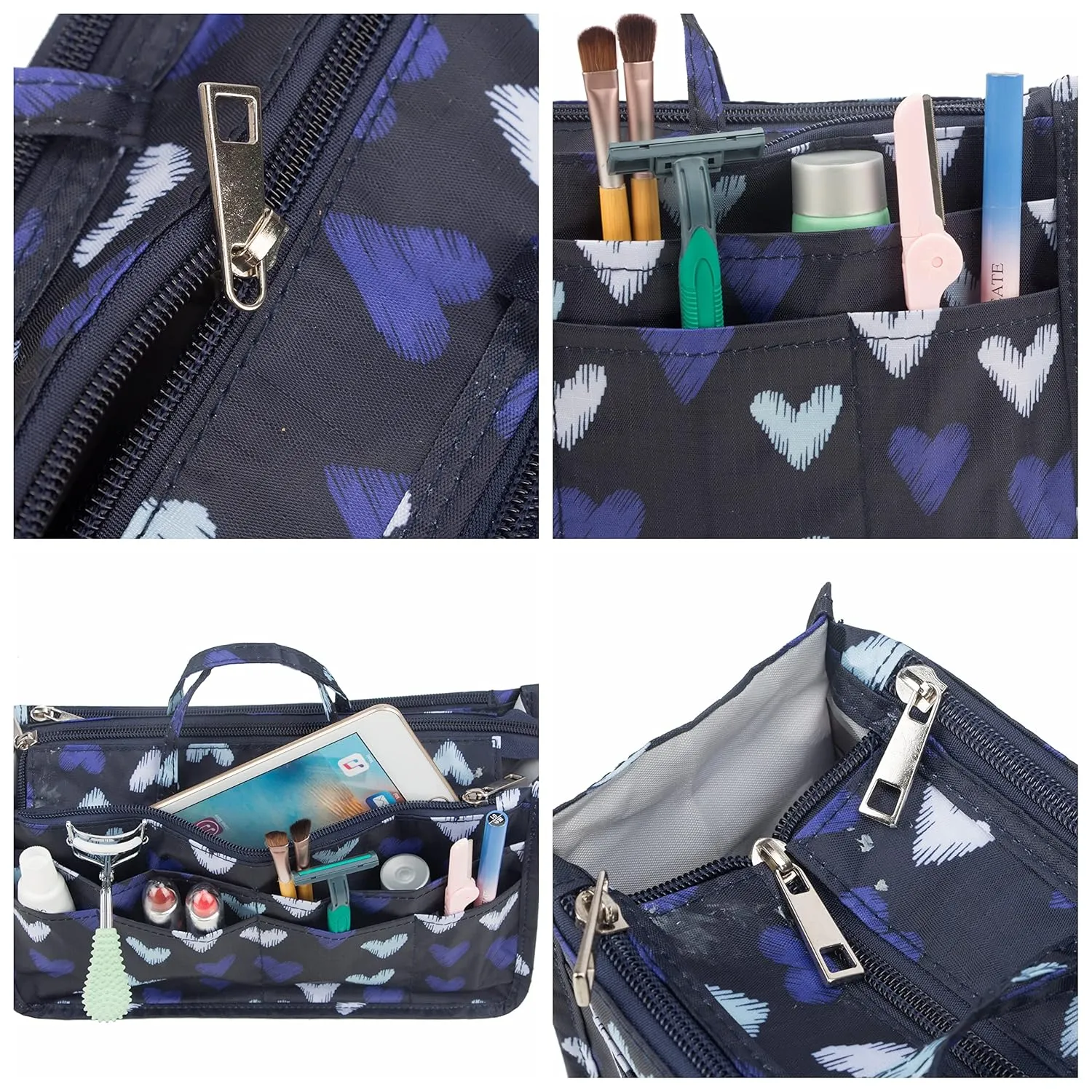 Cosmetic Bag for Women Cute Printing 14 Pockets Expandable Makeup Organizer Purse with Handles (Large Heart)