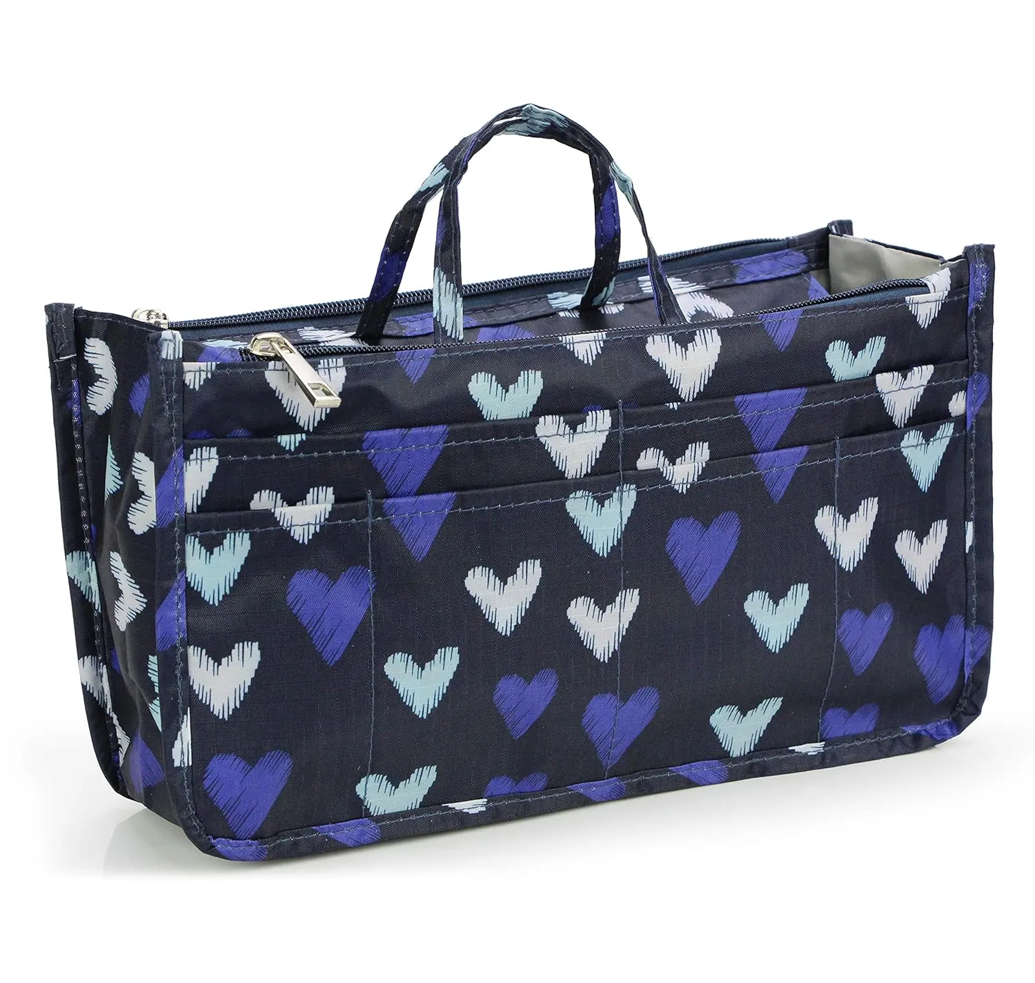 Cosmetic Bag for Women Cute Printing 14 Pockets Expandable Makeup Organizer Purse with Handles (Large Heart)