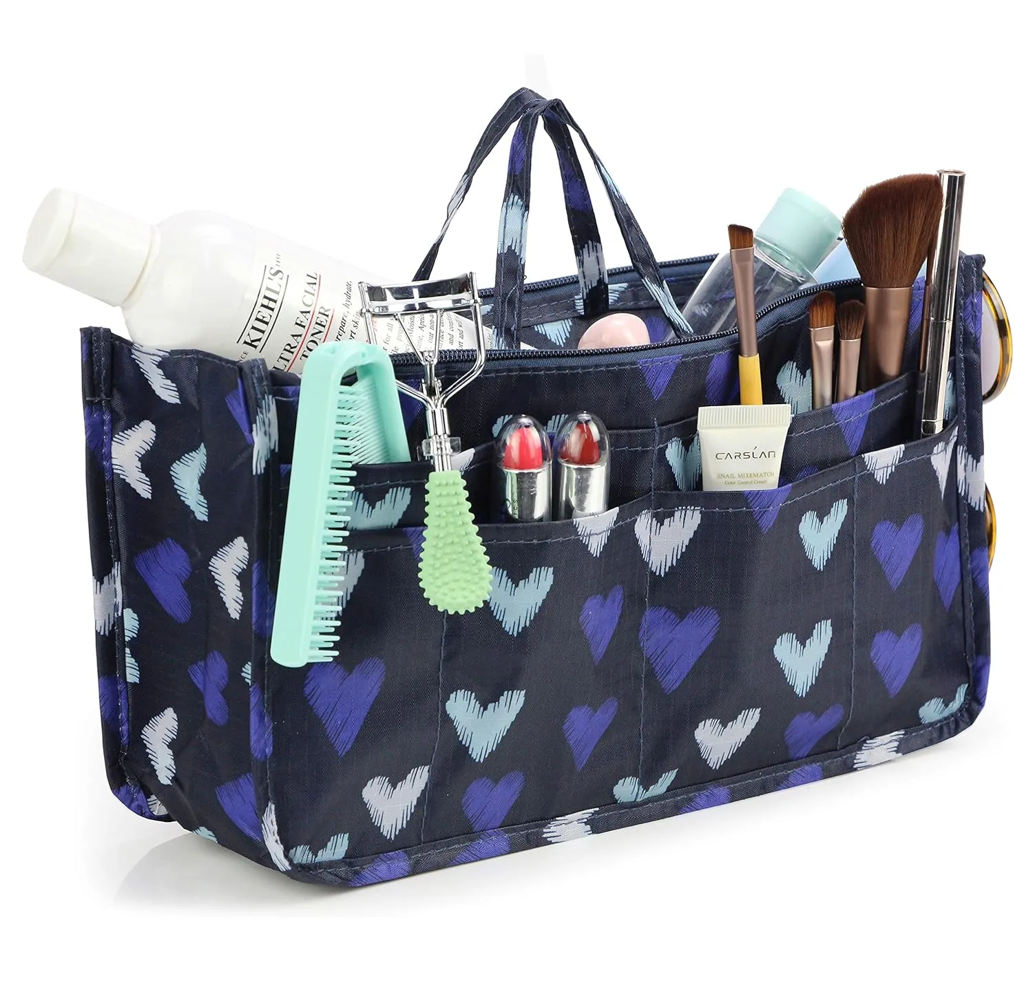 Cosmetic Bag for Women Cute Printing 14 Pockets Expandable Makeup Organizer Purse with Handles (Large Heart)