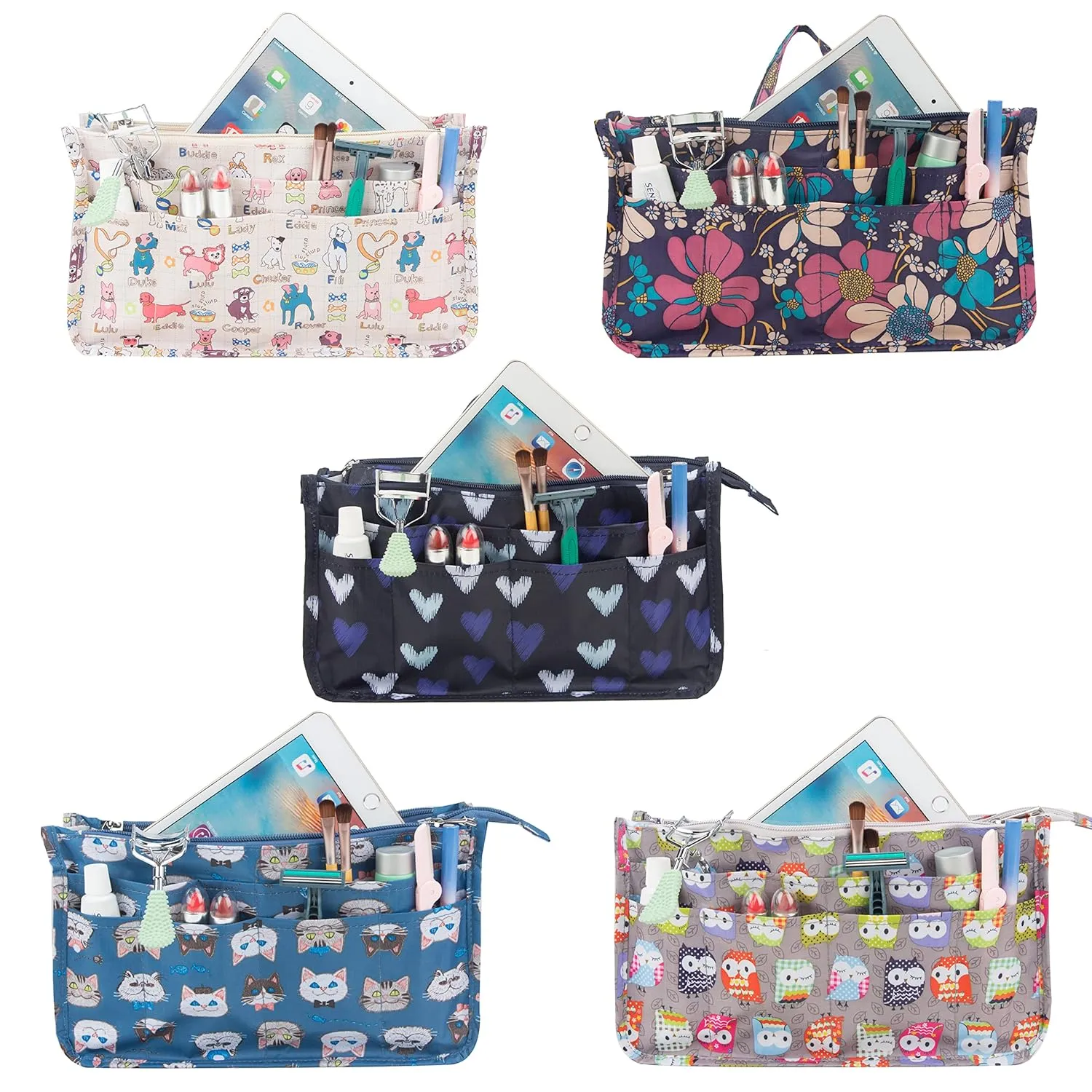 Cosmetic Bag for Women Cute Printing 14 Pockets Expandable Makeup Organizer Purse with Handles (Large Heart)