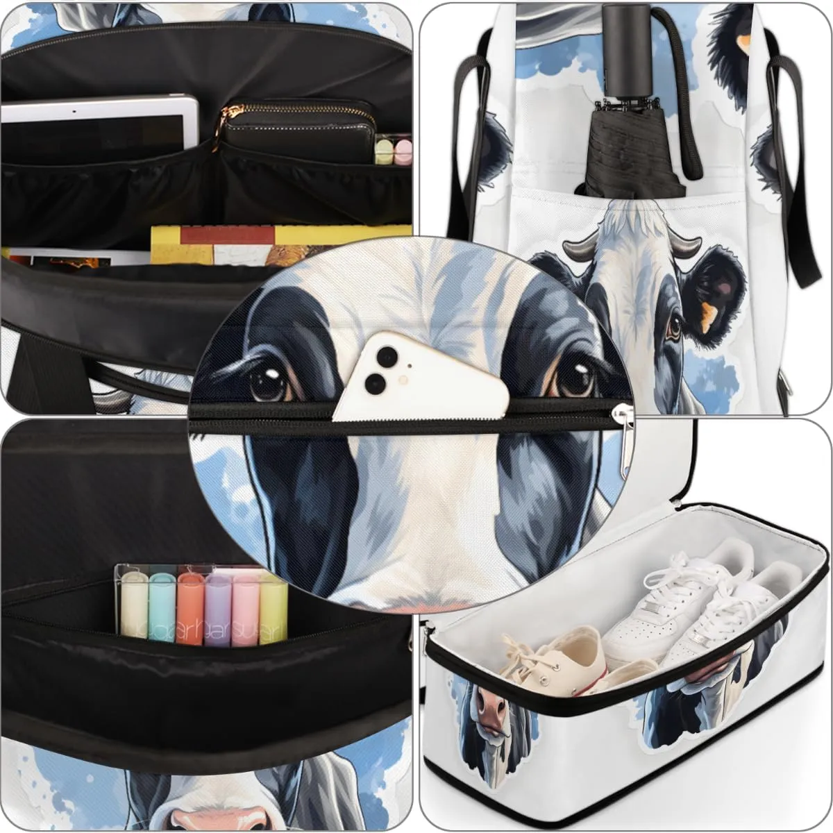 Cow Animal Foldable Travel Duffel Bag Overnight Weekender Bag with Shoes Compartment Sports Gym Bag for Men Women