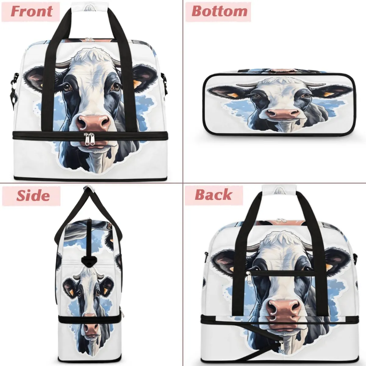 Cow Animal Foldable Travel Duffel Bag Overnight Weekender Bag with Shoes Compartment Sports Gym Bag for Men Women