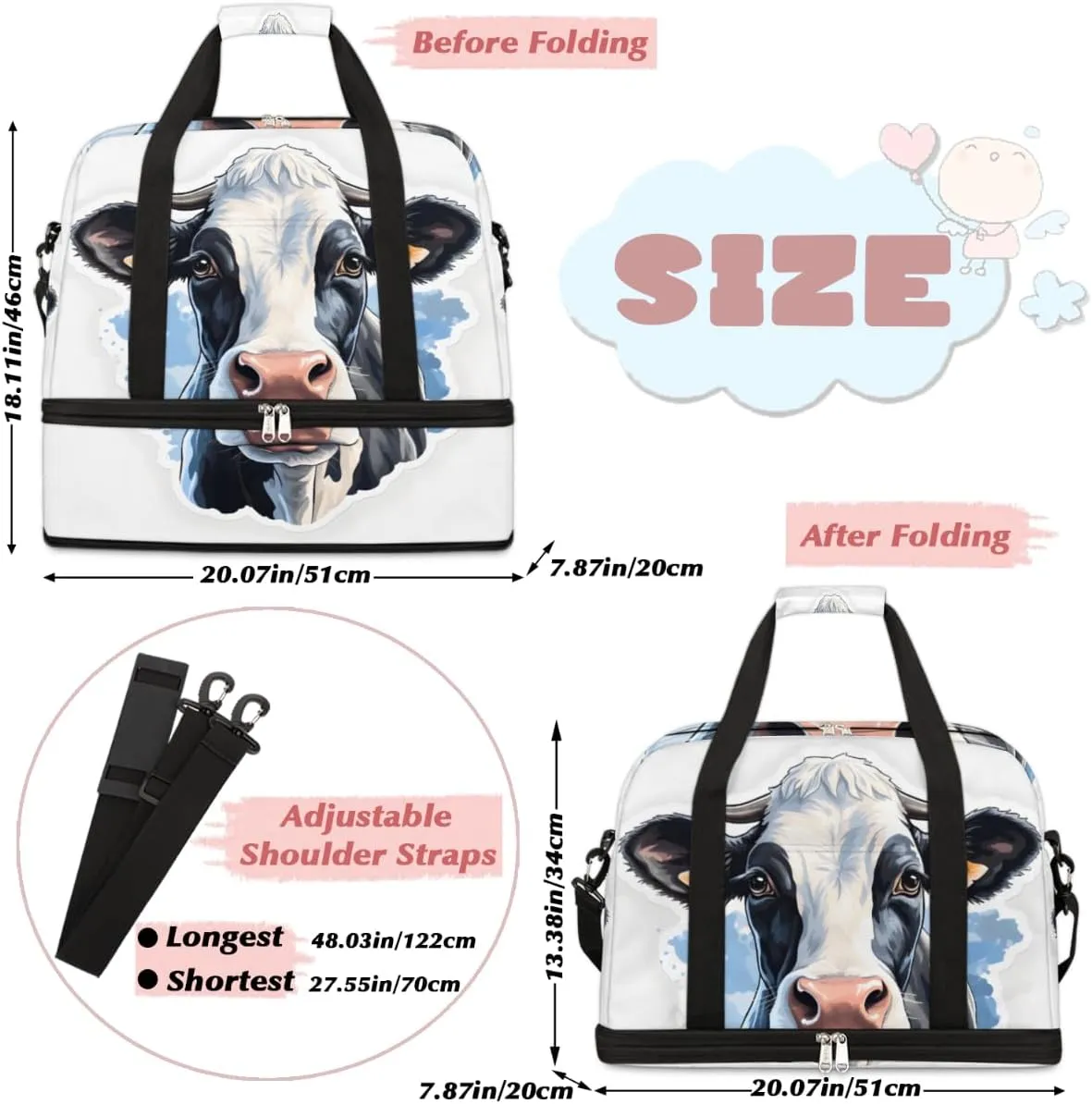 Cow Animal Foldable Travel Duffel Bag Overnight Weekender Bag with Shoes Compartment Sports Gym Bag for Men Women