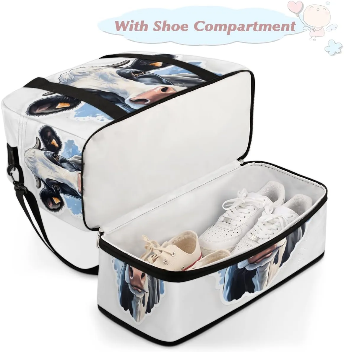 Cow Animal Foldable Travel Duffel Bag Overnight Weekender Bag with Shoes Compartment Sports Gym Bag for Men Women