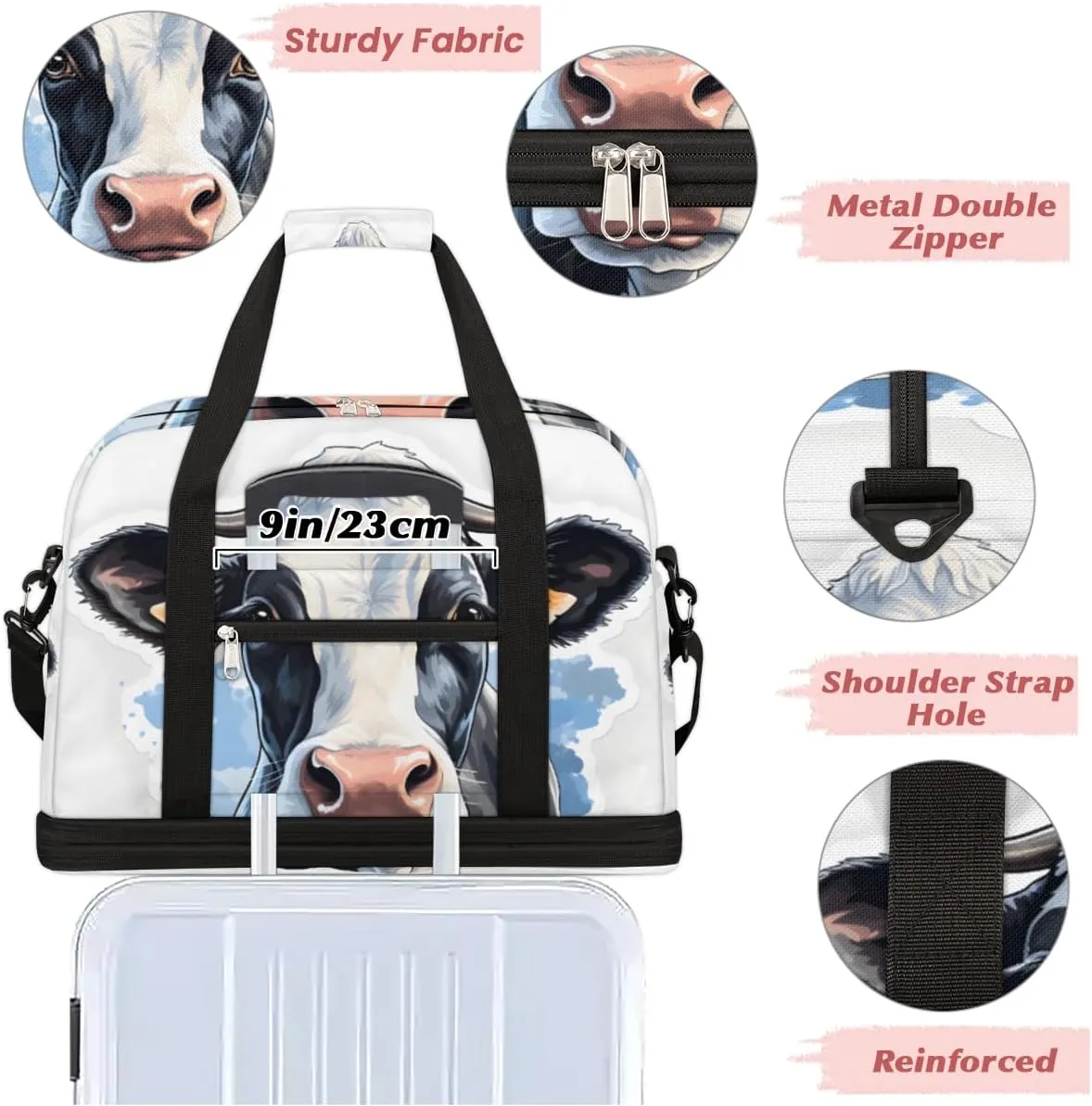 Cow Animal Foldable Travel Duffel Bag Overnight Weekender Bag with Shoes Compartment Sports Gym Bag for Men Women
