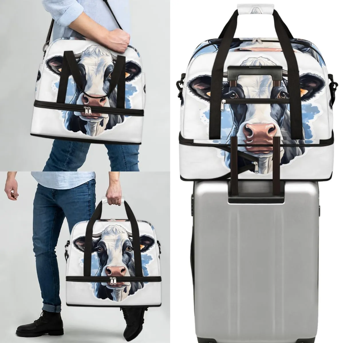 Cow Animal Foldable Travel Duffel Bag Overnight Weekender Bag with Shoes Compartment Sports Gym Bag for Men Women