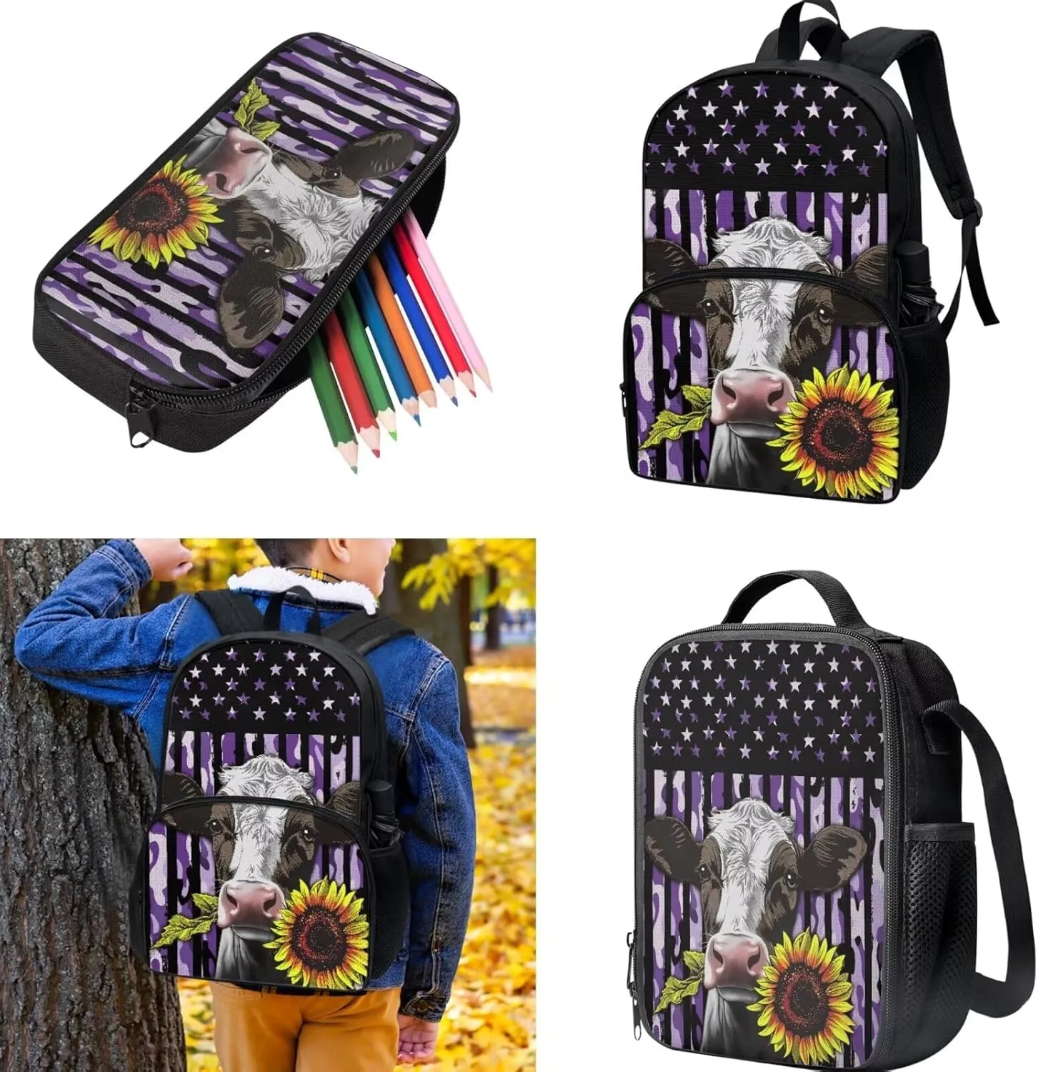 Cow Backpack for School Bookbag with Lunch Box Kids Girls Backpack Set with Lunch Bag and Pencil Case 3PCS Middle High College Students Schoolbag Sport Hiking Bags Back to School Gifts