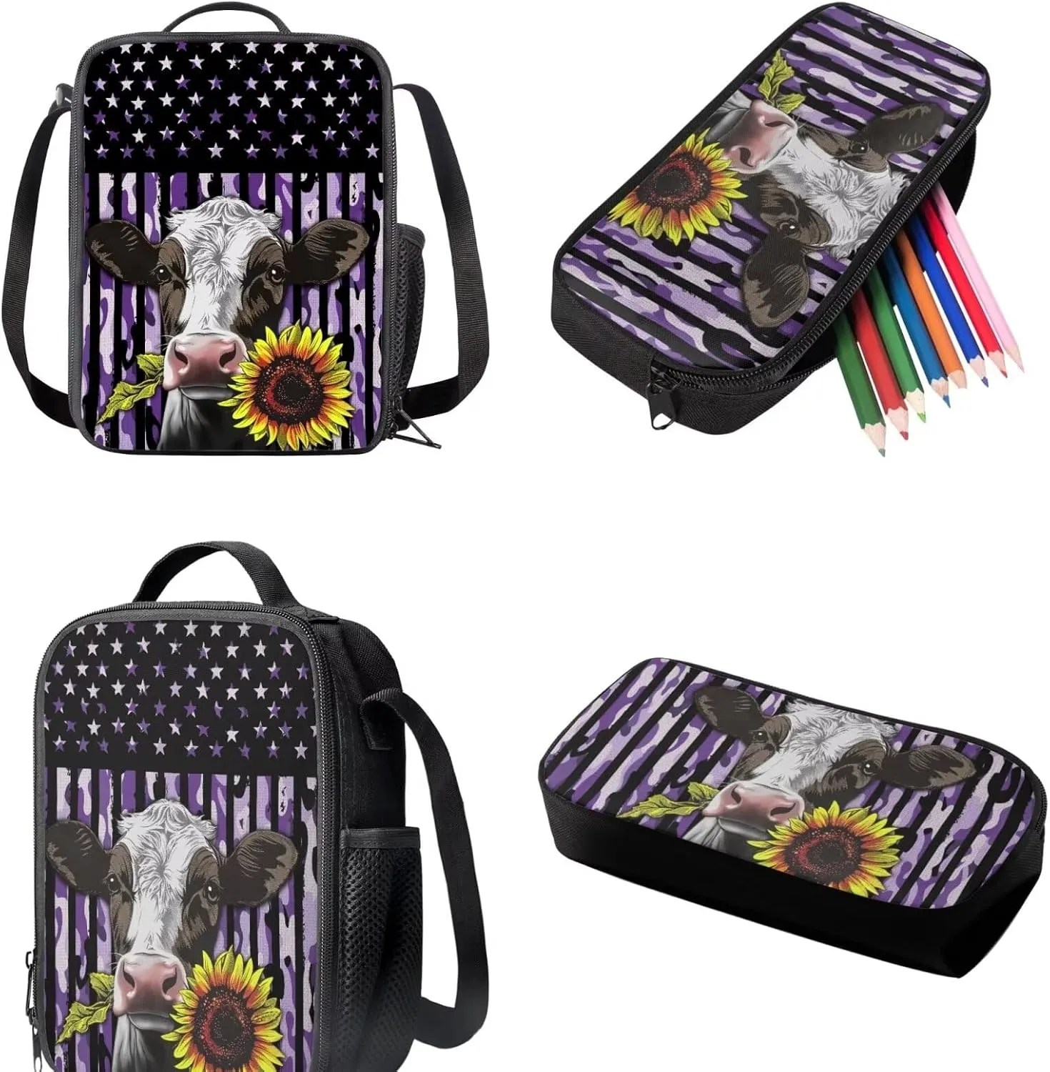 Cow Backpack for School Bookbag with Lunch Box Kids Girls Backpack Set with Lunch Bag and Pencil Case 3PCS Middle High College Students Schoolbag Sport Hiking Bags Back to School Gifts