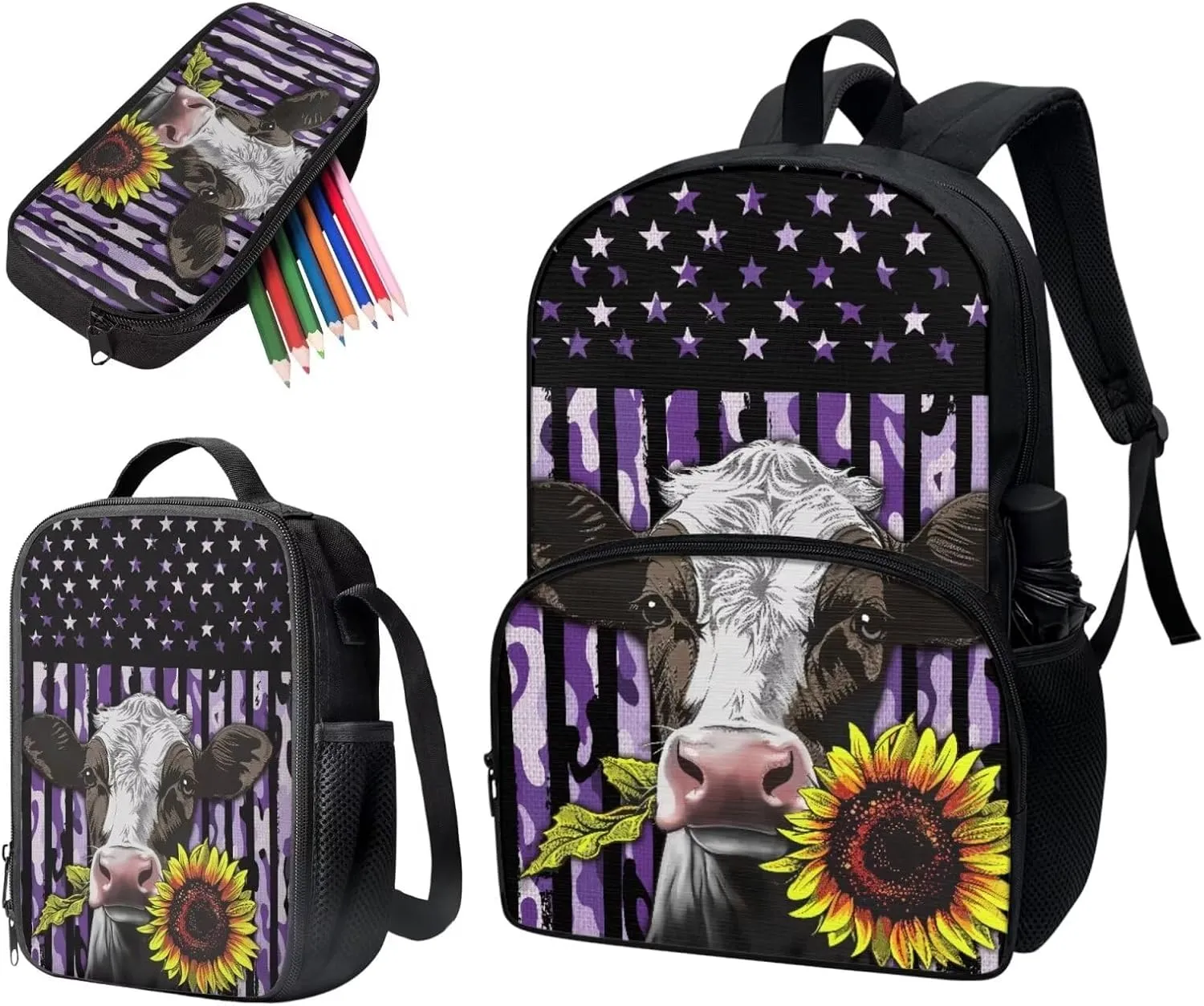 Cow Backpack for School Bookbag with Lunch Box Kids Girls Backpack Set with Lunch Bag and Pencil Case 3PCS Middle High College Students Schoolbag Sport Hiking Bags Back to School Gifts