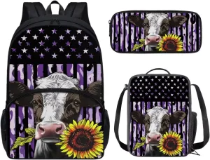 Cow Backpack for School Bookbag with Lunch Box Kids Girls Backpack Set with Lunch Bag and Pencil Case 3PCS Middle High College Students Schoolbag Sport Hiking Bags Back to School Gifts