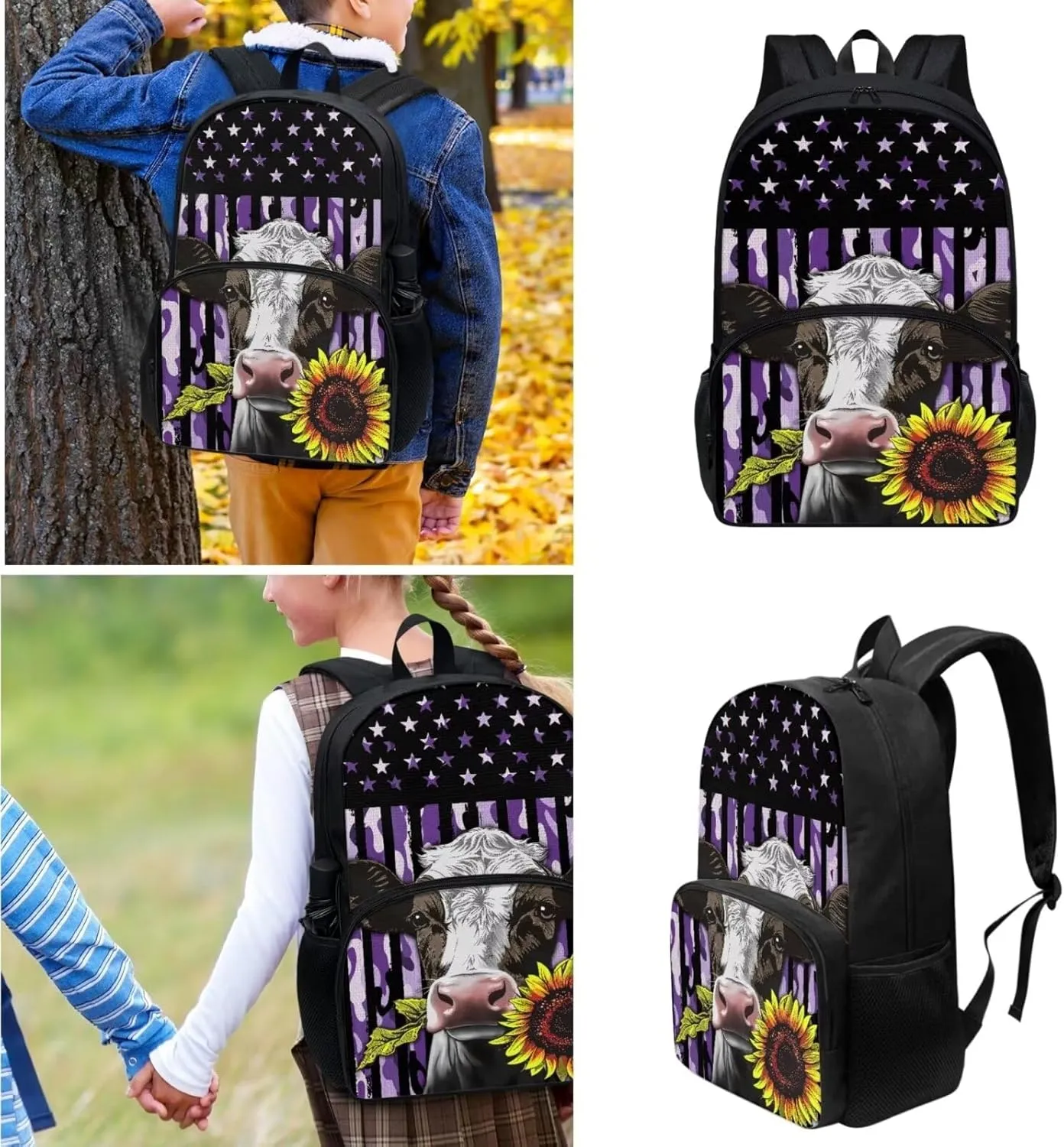 Cow Backpack for School Bookbag with Lunch Box Kids Girls Backpack Set with Lunch Bag and Pencil Case 3PCS Middle High College Students Schoolbag Sport Hiking Bags Back to School Gifts