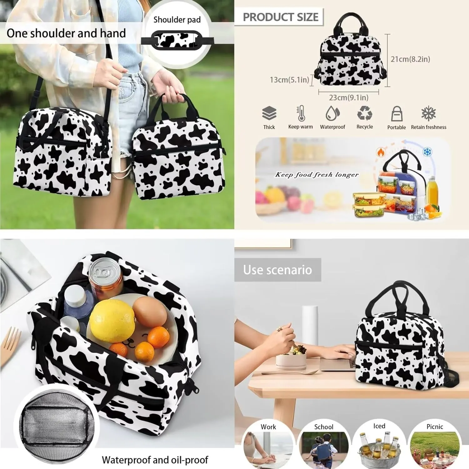 Cow Print 3Pc Backpack Set for Boys Multi-Functional Adjustable Straps Crossbody School Bag Grease Proofing Recycle Food Bag for Travel Work Office Climbing School