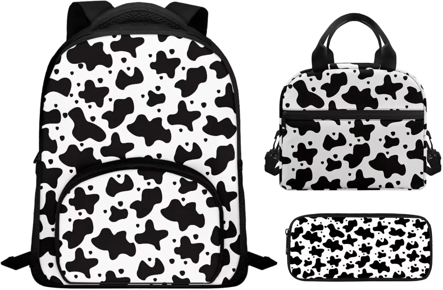 Cow Print 3Pc Backpack Set for Boys Multi-Functional Adjustable Straps Crossbody School Bag Grease Proofing Recycle Food Bag for Travel Work Office Climbing School
