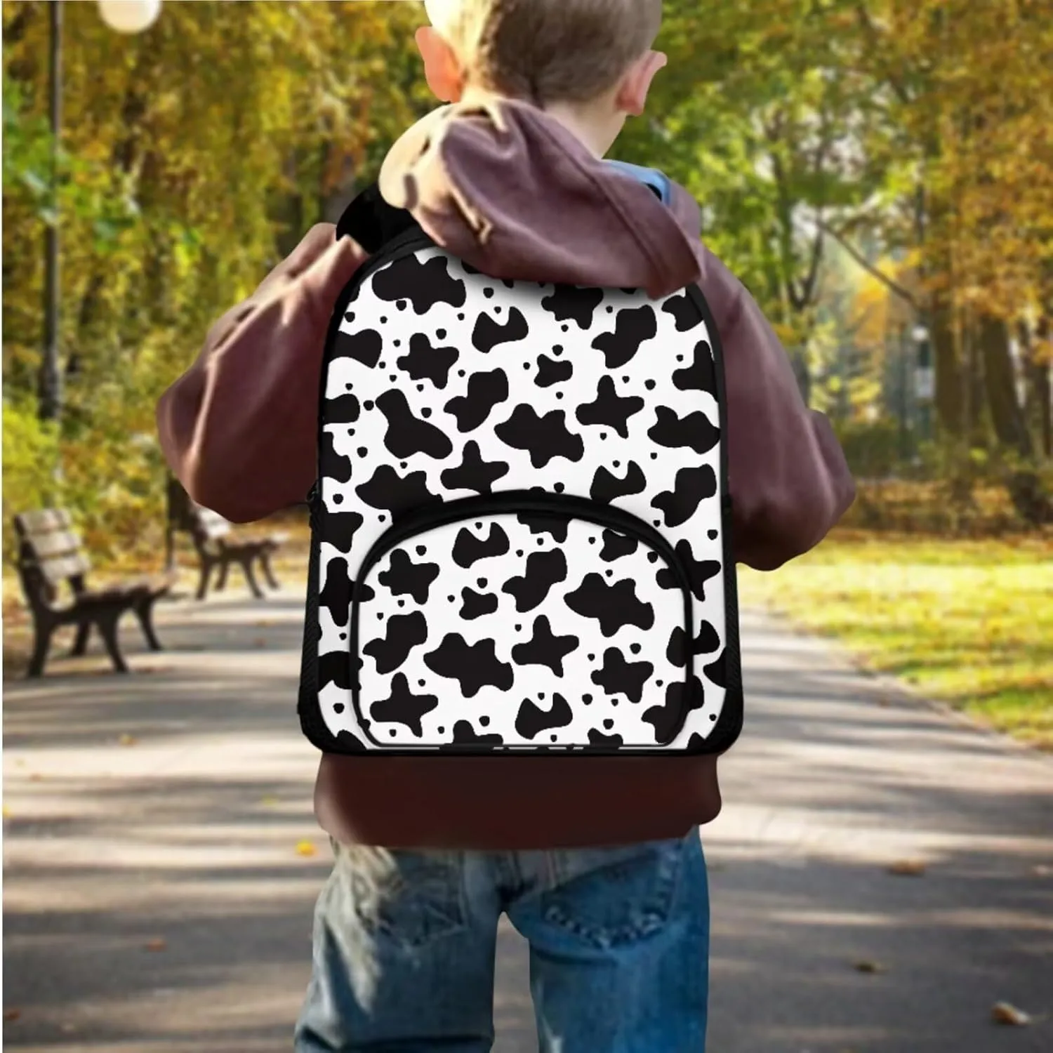 Cow Print 3Pc Backpack Set for Boys Multi-Functional Adjustable Straps Crossbody School Bag Grease Proofing Recycle Food Bag for Travel Work Office Climbing School