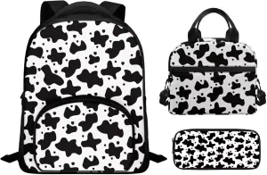Cow Print 3Pc Backpack Set for Boys Multi-Functional Adjustable Straps Crossbody School Bag Grease Proofing Recycle Food Bag for Travel Work Office Climbing School