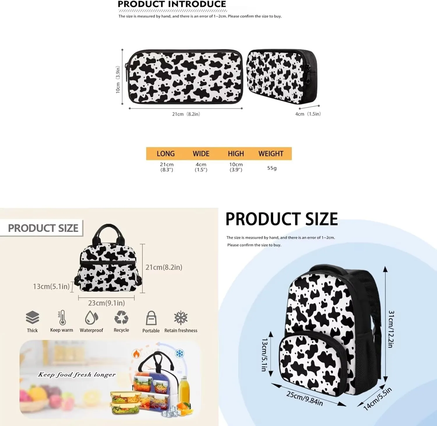 Cow Print 3Pc Backpack Set for Boys Multi-Functional Adjustable Straps Crossbody School Bag Grease Proofing Recycle Food Bag for Travel Work Office Climbing School