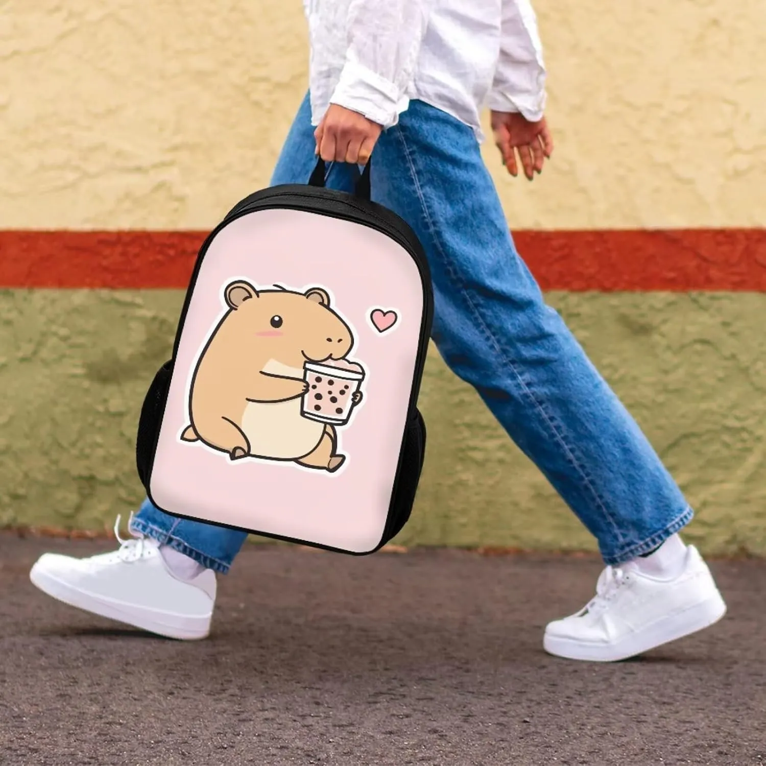 Cozeyat Milk Capybara Backpack for School Girls 2Nd Grade 4 Pcs Kids Bookbag Lightweight Preschool Backpack for Girls Age 6-8 Kids Travel Book Bag Hiking Daypack