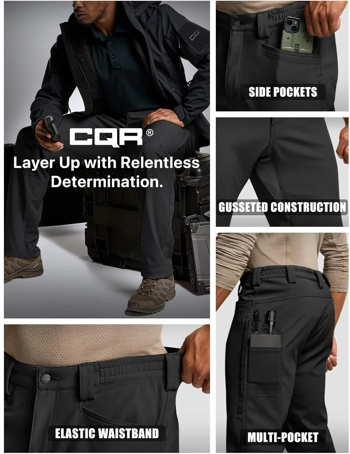 CQR Men's Winter Waterproof Softshell Fleece-Lined Snow Ski Pants, Thermal Outdoor Cargo Work Hiking Pants