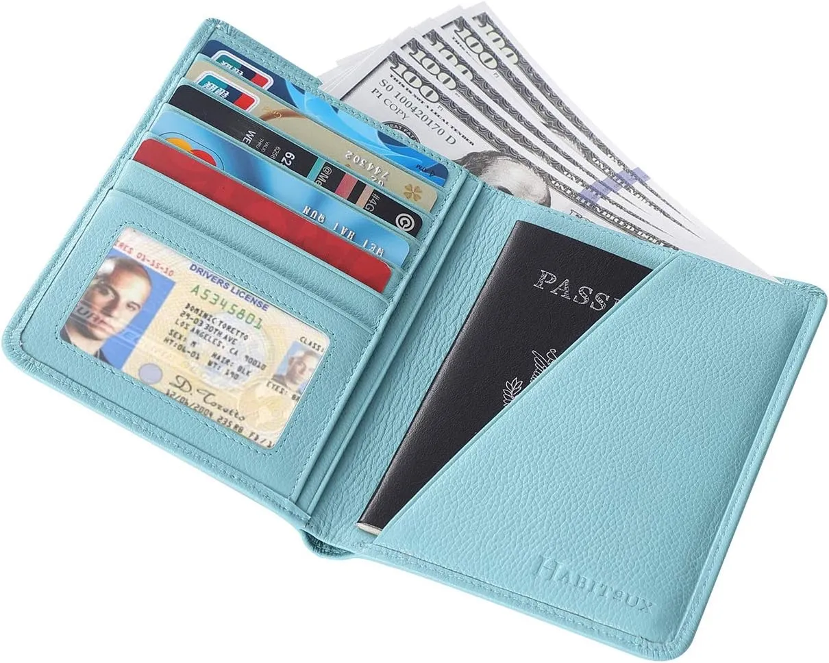 Crazy Horse Genuine Cow Leather Passport Holder Travel Wallet Card Holder - RFID Blocking Bifold Wallet for Men and Women