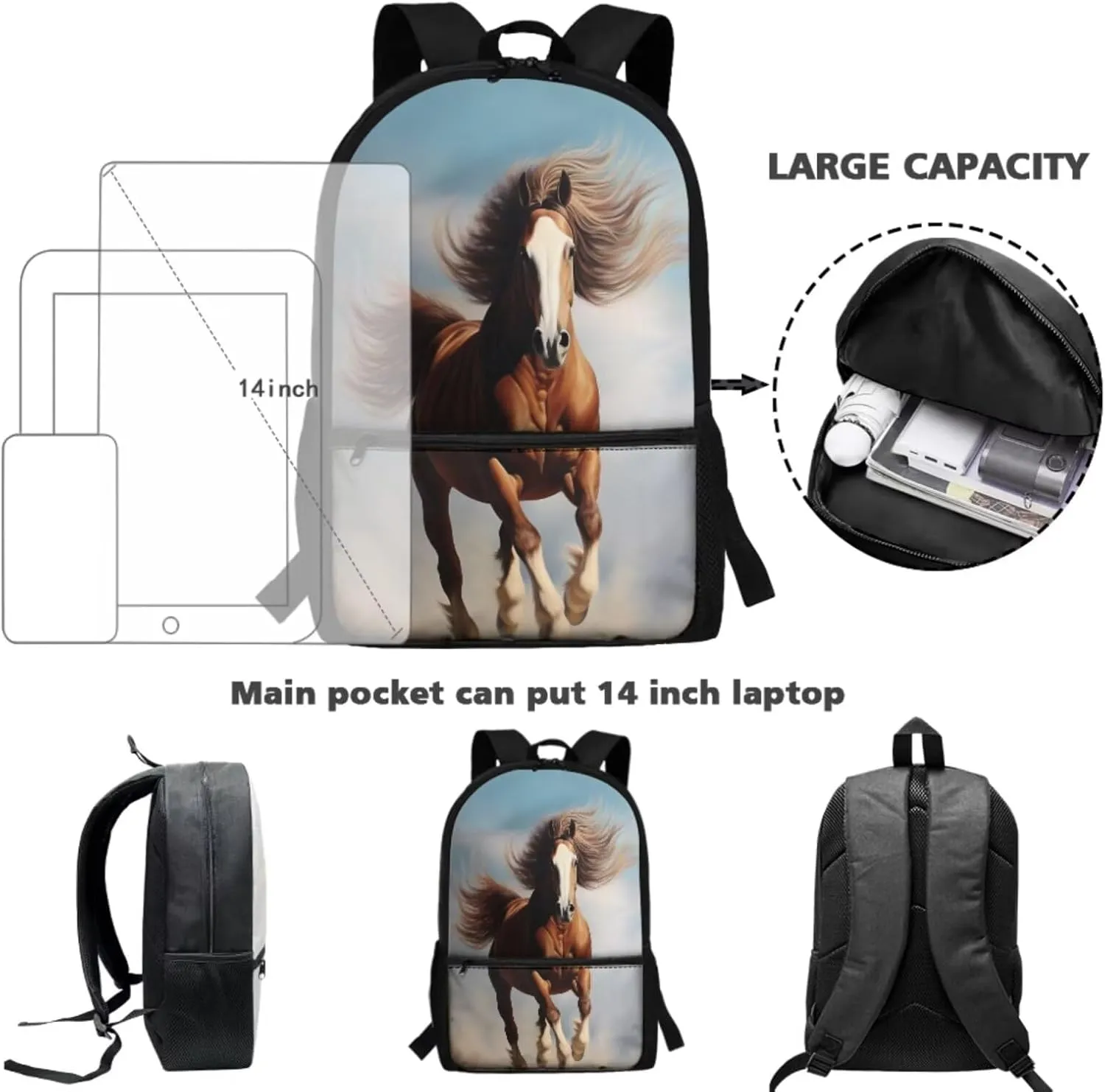 Crazy Horse Teen Boys Backpacks for Middle School 3-in-1 Schoolbag Set with Lunch Box Pencil Case 10-12 Kids Book Bags Large Capacity Travel Shoulder Bag Rucksack