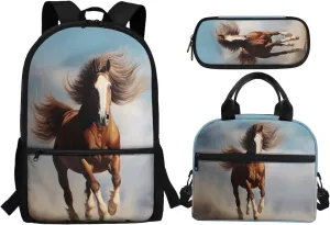 Crazy Horse Teen Boys Backpacks for Middle School 3-in-1 Schoolbag Set with Lunch Box Pencil Case 10-12 Kids Book Bags Large Capacity Travel Shoulder Bag Rucksack