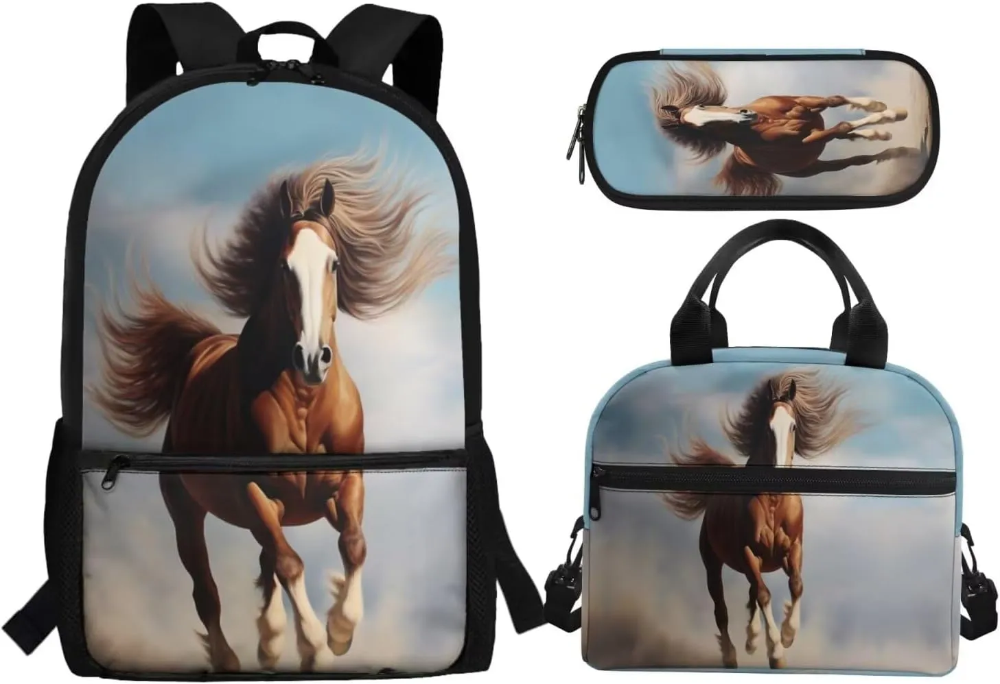 Crazy Horse Teen Boys Backpacks for Middle School 3-in-1 Schoolbag Set with Lunch Box Pencil Case 10-12 Kids Book Bags Large Capacity Travel Shoulder Bag Rucksack