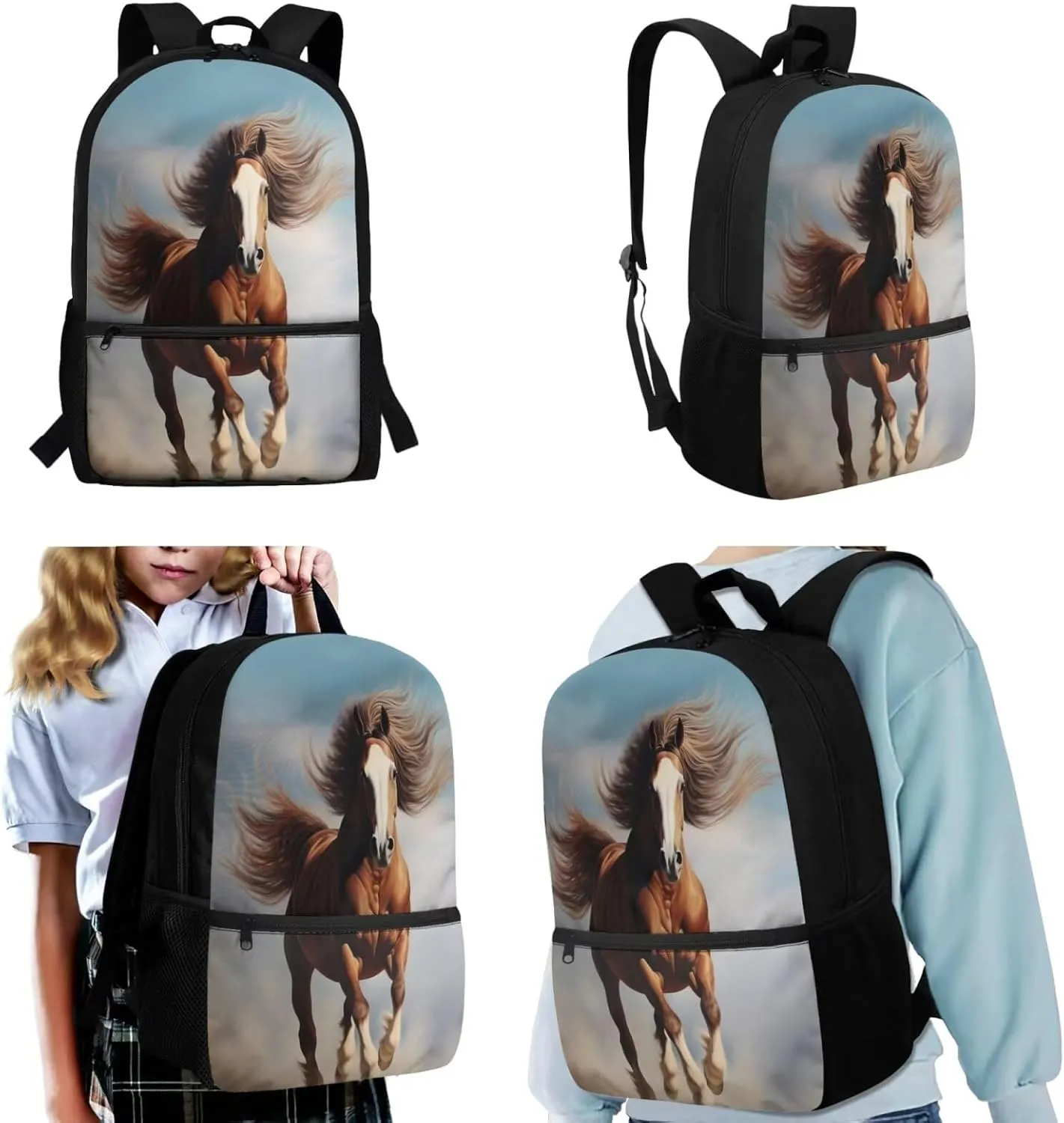 Crazy Horse Teen Boys Backpacks for Middle School 3-in-1 Schoolbag Set with Lunch Box Pencil Case 10-12 Kids Book Bags Large Capacity Travel Shoulder Bag Rucksack