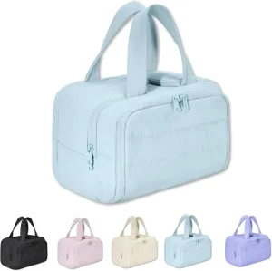Cureaway Travel Cosmetic Bag, 4-in-1 Puffy Multi-Functional Toiletry Bag for Women, Extra Large Capacity Wide-Open Travel Cosmetic Bag, Portable Pouch Open Flat Toiletry Bag Make Up Organizer (Blue)