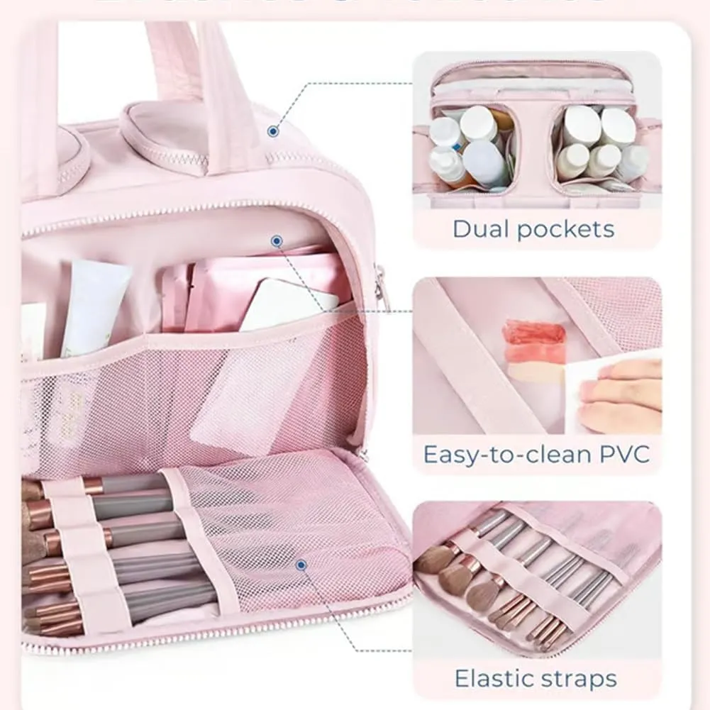 Cureaway Travel Cosmetic Bag, 4-in-1 Puffy Multi-Functional Toiletry Bag for Women, Extra Large Capacity Wide-Open Travel Cosmetic Bag, Portable Pouch Open Flat Toiletry Bag Make Up Organizer (Blue)