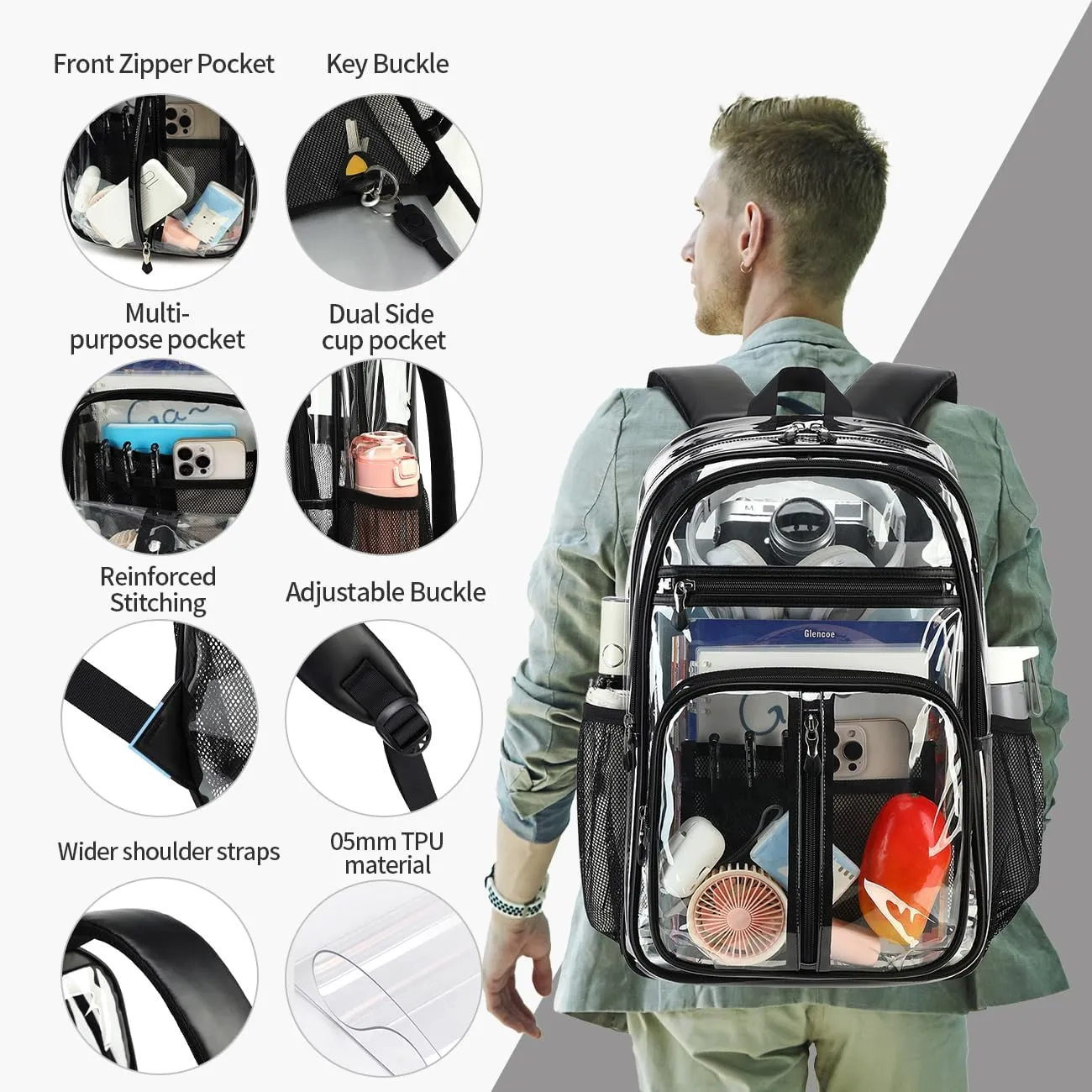 Cusangel 18in Clear TPU Backpack– heavy Duty See through XL H18''xW13''xD8 Plastic Big Transparent bookbag for sport event,School,Stadium events & Work Backpacks