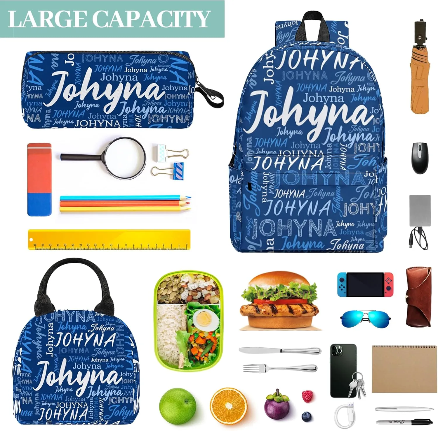 Custom Backpack 3 Sets with Name, Personalized Name School Bag Sets for Boys Girls Men Women, Customized Laptop Backpacks Sets with Adjustable Shoulder Strap for School Work Travel Camping