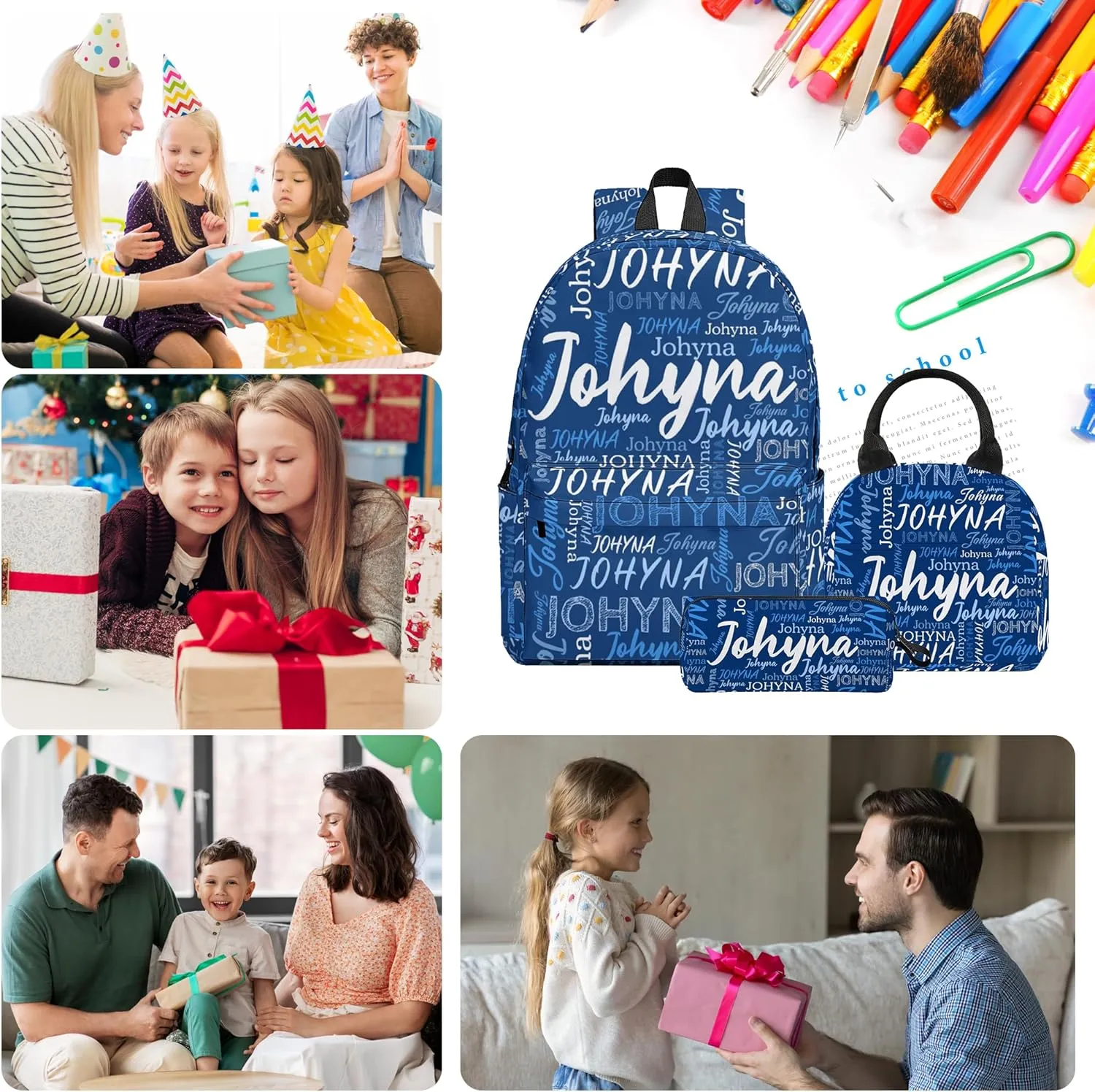 Custom Backpack 3 Sets with Name, Personalized Name School Bag Sets for Boys Girls Men Women, Customized Laptop Backpacks Sets with Adjustable Shoulder Strap for School Work Travel Camping