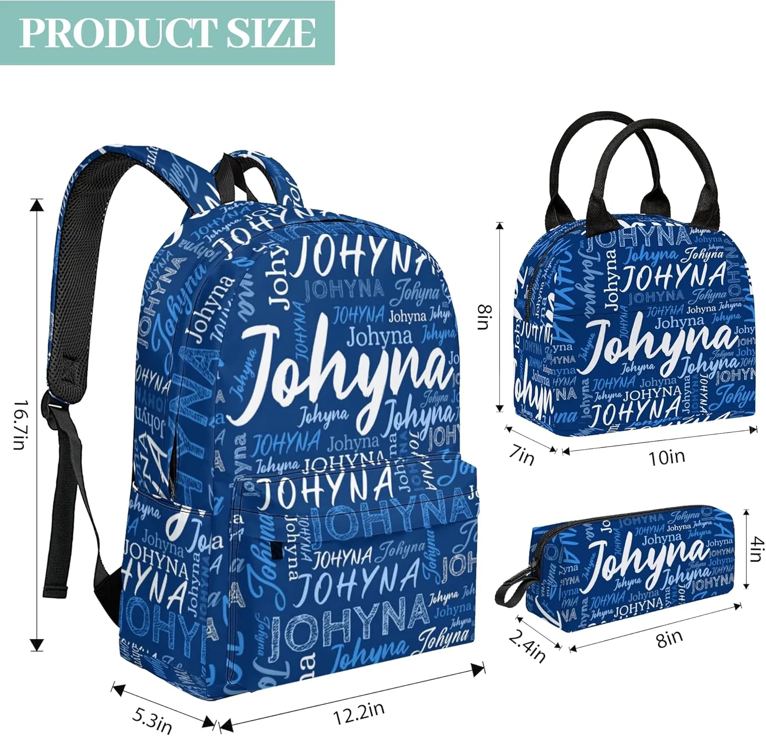 Custom Backpack 3 Sets with Name, Personalized Name School Bag Sets for Boys Girls Men Women, Customized Laptop Backpacks Sets with Adjustable Shoulder Strap for School Work Travel Camping
