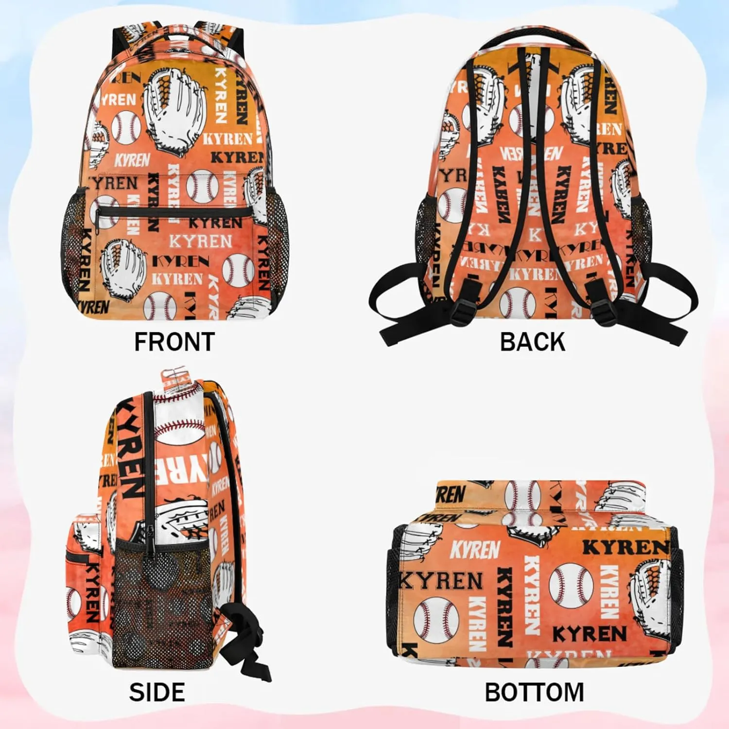 Custom Baseball Backpack for Men Women, Personalized Name Laptop Backpack, Sports Bag Lightweight Daypack for Travel Camping, Dark Orange